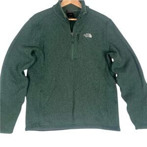 North Face Knit Sweater Jacket Mens Large Green 1/4 Zip Fleece lined Gorpcore